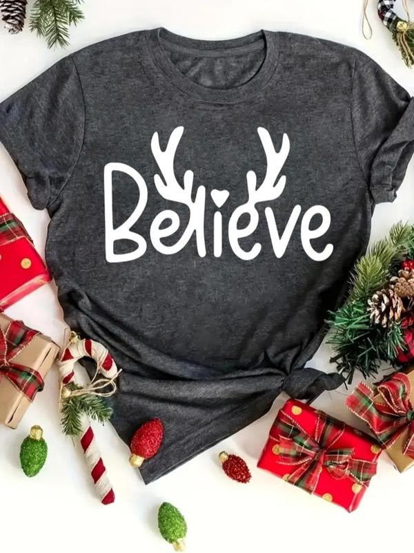 Women's Christmas Themed Letter Print Round Neck Tee, Casual Short Sleeve Crew Neck T-shirt for Daily Holiday Vacation...
