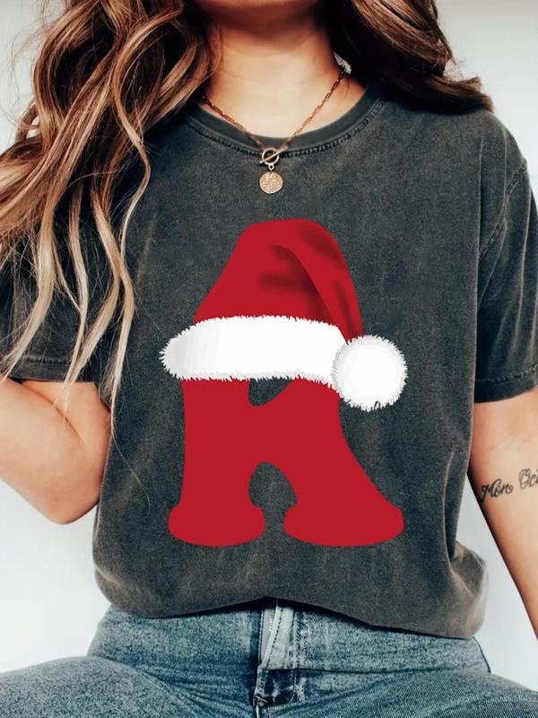 Women's Christmas Themed Letter Print Round Neck Tee, Casual Short Sleeve Crew Neck T-shirt for Daily Holiday Vacation...