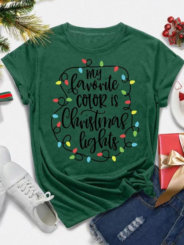 Women's Christmas Themed Letter Print Round Neck Tee, Casual Short Sleeve Crew Neck T-shirt for Holiday Vacation, Ladies...
