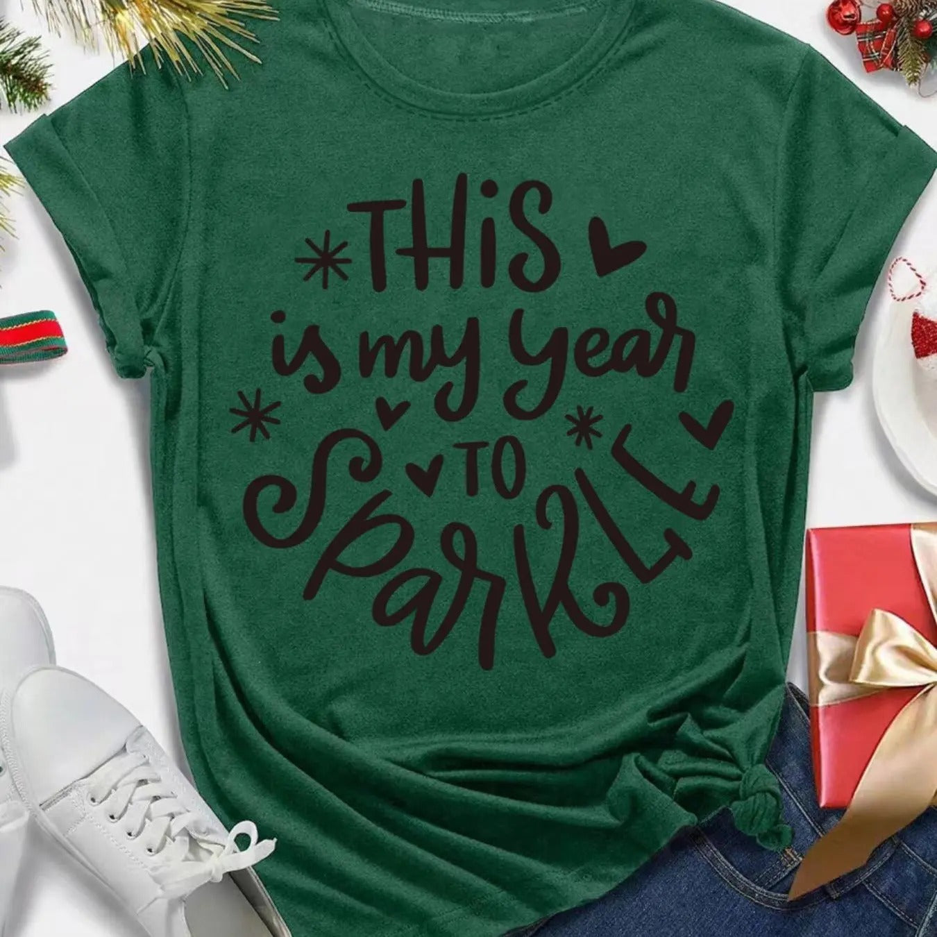 Women's Christmas Themed Letter Print Tee, Casual Fashion Letter Print Crew Neck T-shirt for Daily Holiday Vacation...