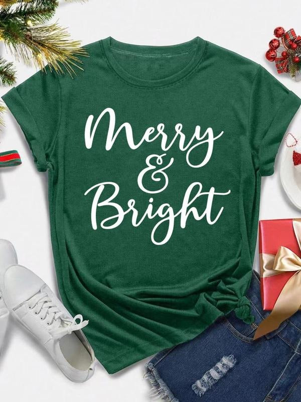 Women's Christmas Themed Merry & Bright Letter Print Round Neck Tee, Casual Short Sleeve Crew Neck T-Shirt for Daily...