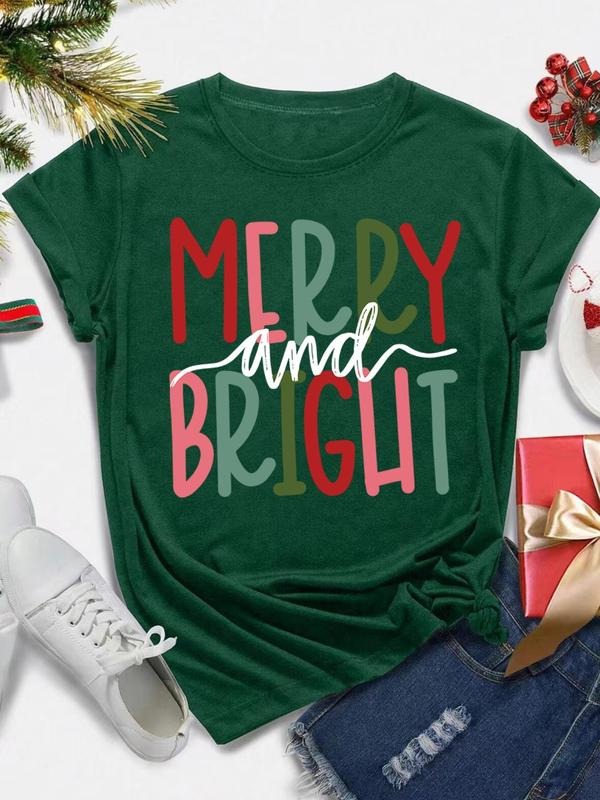 Women's Christmas Themed Merry and Bright Letter Print Round Neck Tee, Casual Short Sleeve Crew Neck T-Shirt for Summer,...