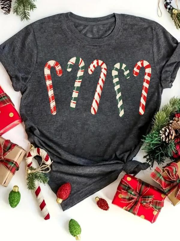 Women's Christmas Themed Print Round Neck Tee, Casual Short Sleeve Crew Neck T-shirt for All Seasons, Fashion Women's Top...