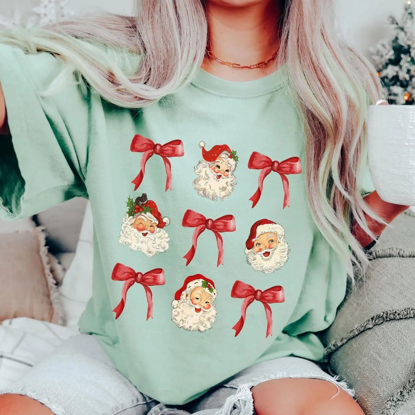 Themed Santa Claus & Bow Print Short Sleeve Casual Round Neck Daily Clothes All Seasons T-Shirts, Hoodie, Sweatshirt