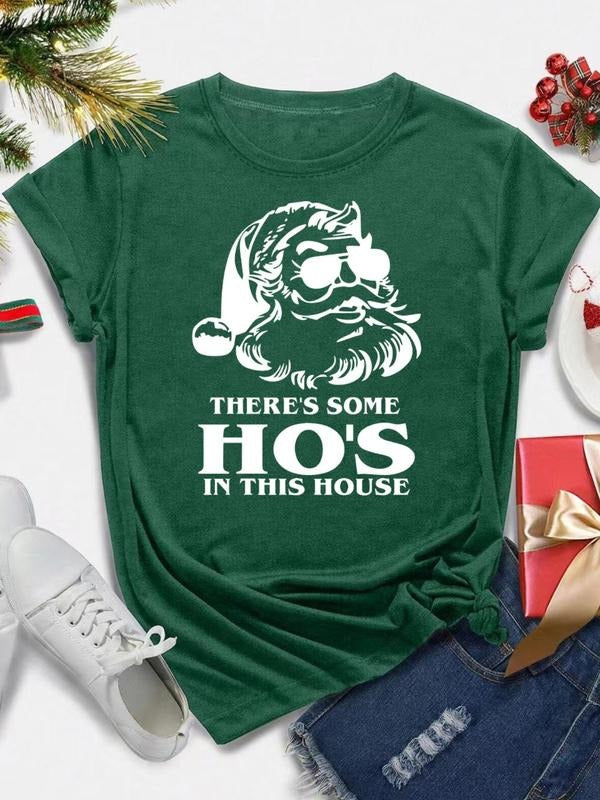 Women's Christmas Themed Santa Claus Graphic Tee, Casual Letter Print Round Neck Short Sleeve T-Shirt for Daily Wear,...