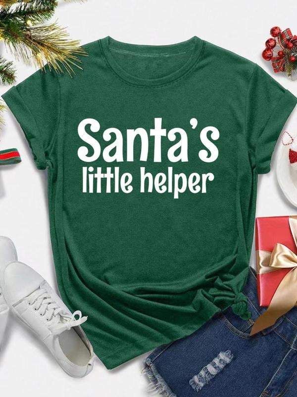 Women's Christmas Themed Santa's Little Helper Round Neck Graphic Tee, Casual Short Sleeve Crew Neck T-shirt for Daily...