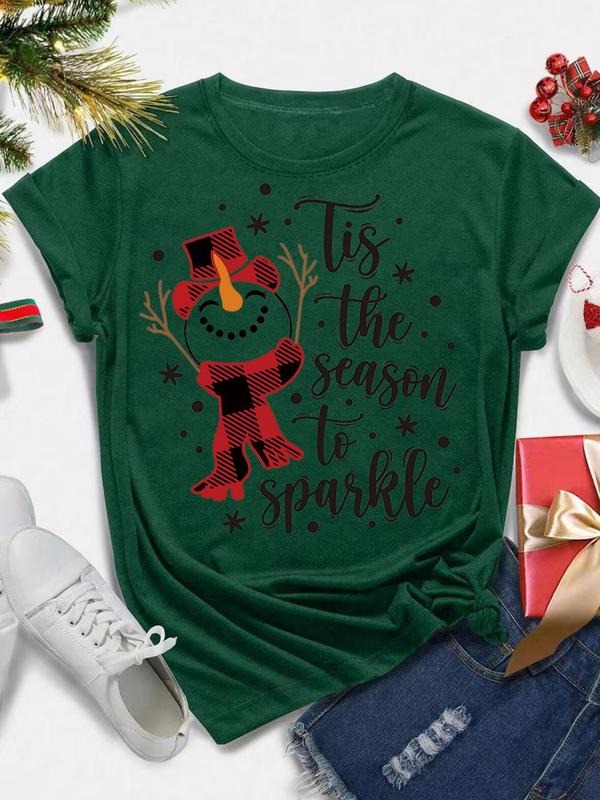 Women's Christmas Themed Snowman & Letter Print Round Neck Tee, Casual Short Sleeve Crew Neck T-shirt for Daily Holiday...