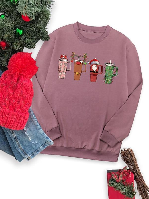 Women's Christmas Themed Tumbler Print Drop Shoulder Sweatshirt, Casual Long Sleeve Round Neck Pullover for Daily Wear,...