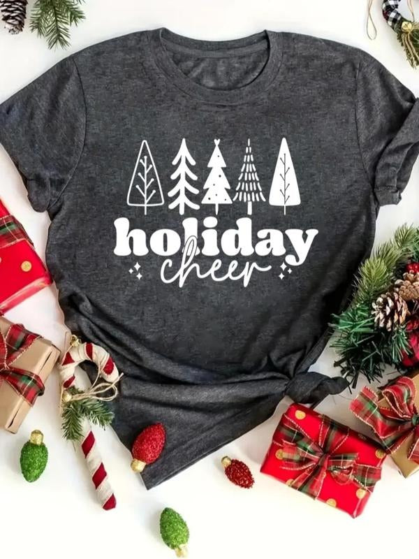 Women's Christmas Tree & "HOLIDAY CHEER" Print Round Neck Tee, Casual Short Sleeve Crew Neck T-shirt for All Seasons,...