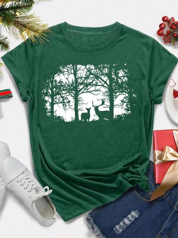 Women's Christmas Tree & Deer Print Round Neck Tee, Casual Short Sleeve Crew Neck T-Shirt for All Seasons, Fashion...