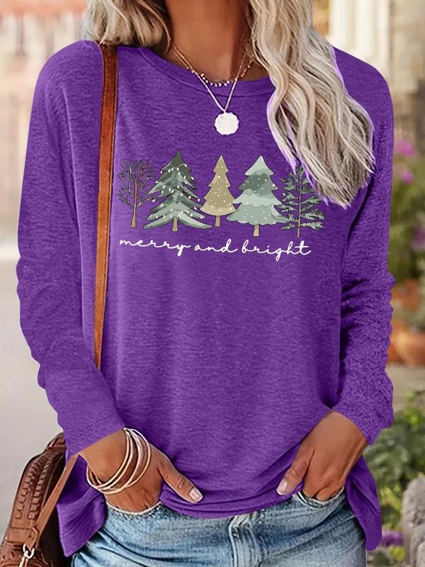 Women's Christmas Tree & Letter Print Crew Neck Tee, Casual Long Sleeve T-shirt for Fall & Winter, Women's Top for Daily...