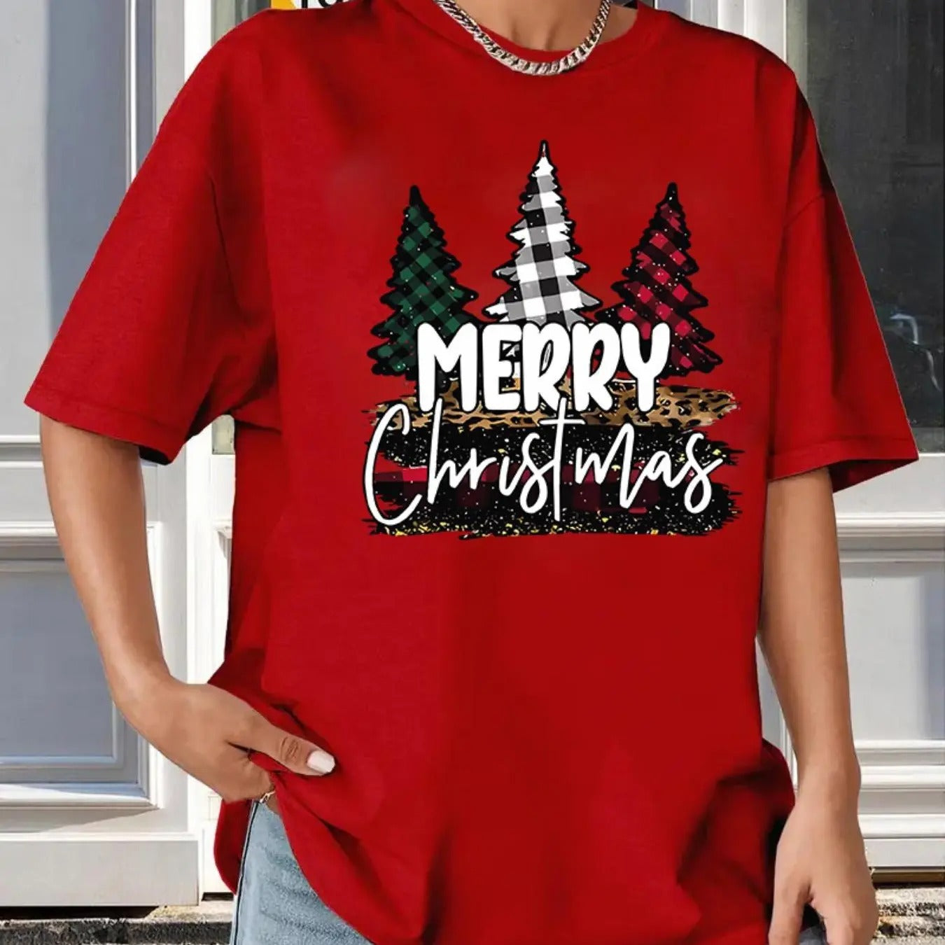 Women's Christmas Tree & Letter Print Drop Shoulder Tee, Casual Half Sleeve Round Neck T-shirt for Summer, Women's Top...