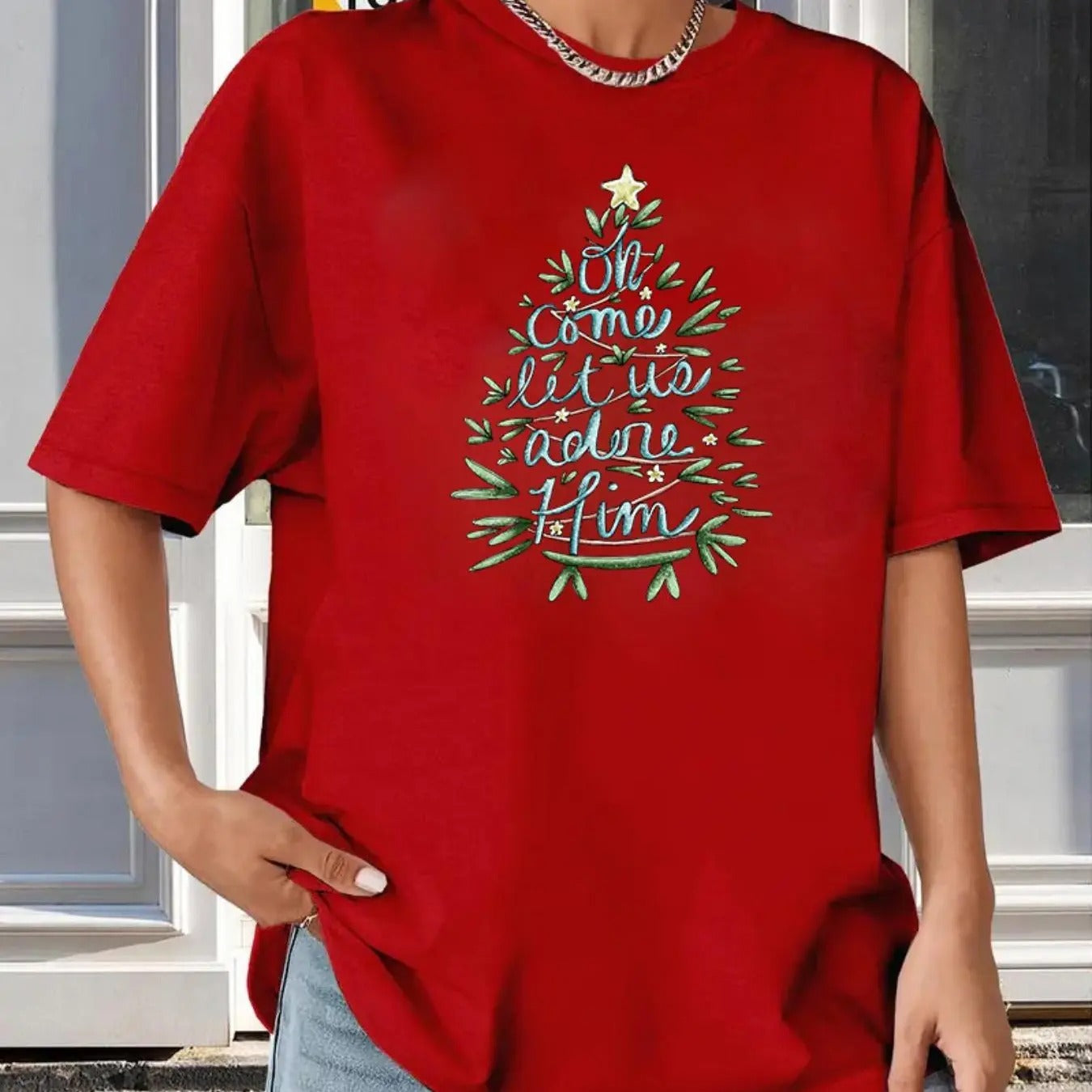 Women's Christmas Tree & Letter Print Drop Shoulder Tee, Casual Half Sleeve Round Neck T-shirt for Summer, Women's Top...