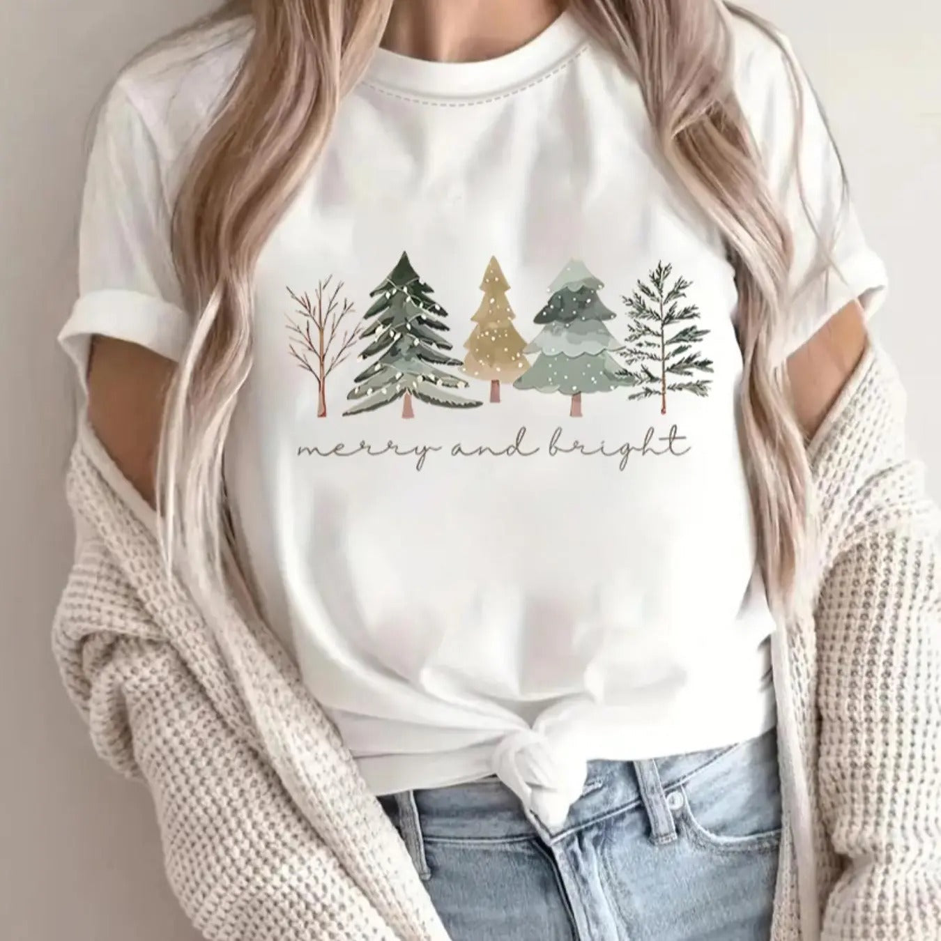 Women's Christmas Tree & Letter Print Round Neck Tee, Casual Drop Shoulder Short Sleeve T-shirt for Daily Wear, Ladies...