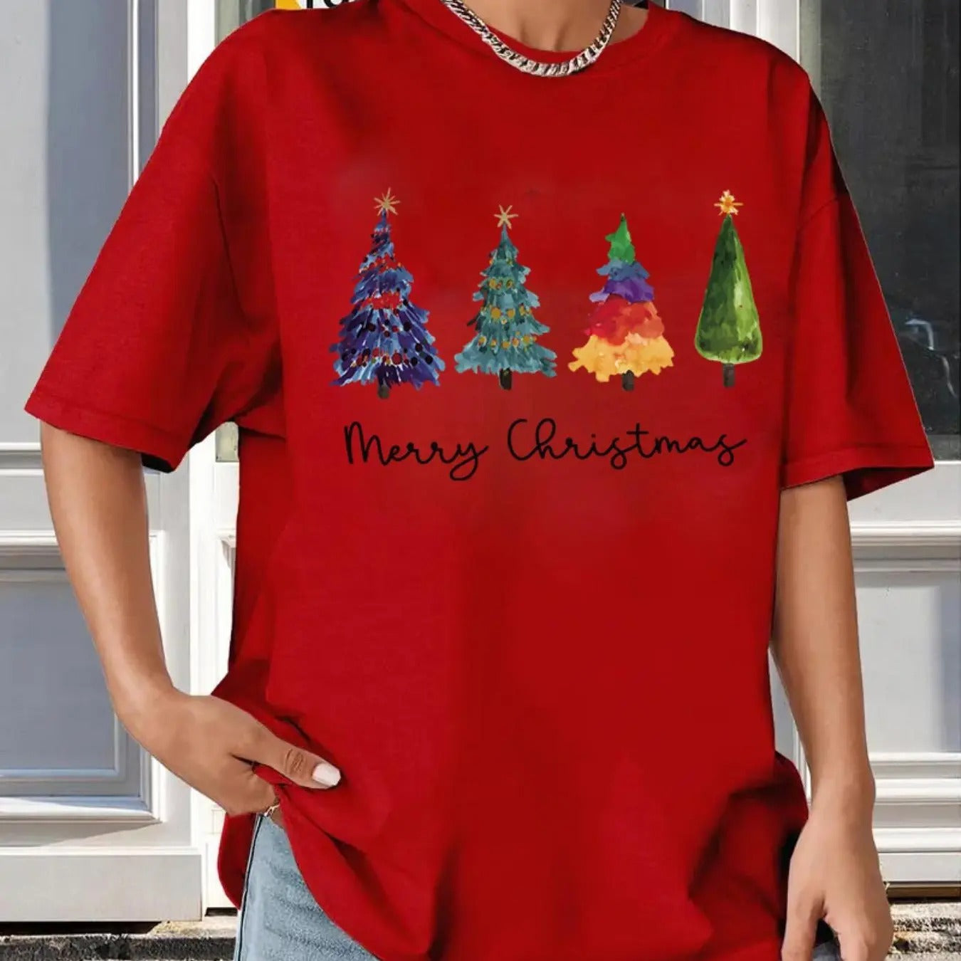 Women's Christmas Tree & Letter Print Round Neck Tee, Casual Drop Shoulder Short Sleeve T-shirt for Summer, Women's Top...