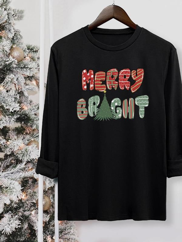 Women's Christmas Tree & Letter Print Round Neck Tee, Casual Long Sleeve Crew Neck T-shirt for Fall & Winter, Women's Top...