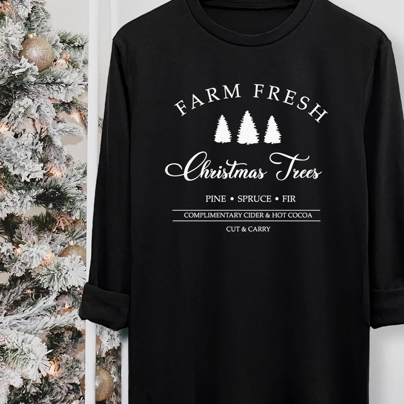 Women's Christmas Tree & Letter Print Round Neck Tee, Casual Long Sleeve Crew Neck T-shirt for Fall & Winter, Women's Top...