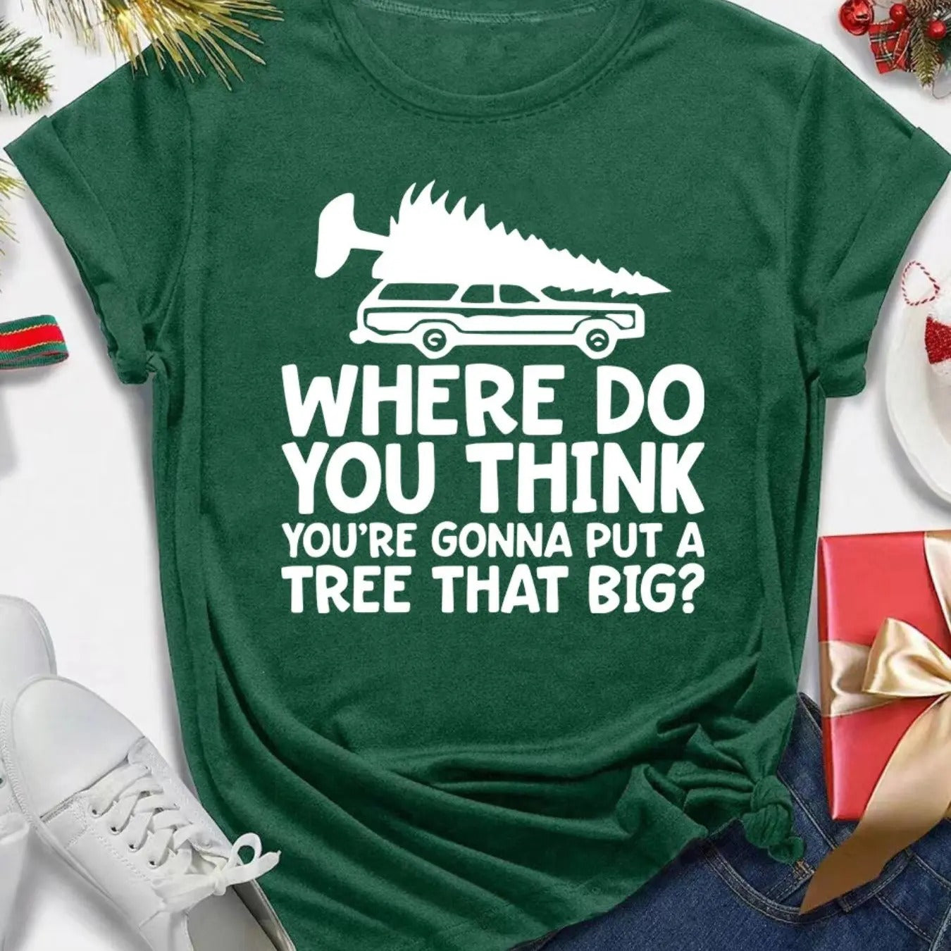 Women's Christmas Tree & Letter Print Round Neck Tee, Casual Short Sleeve Crew Neck T-Shirt for All Seasons, Fashion...