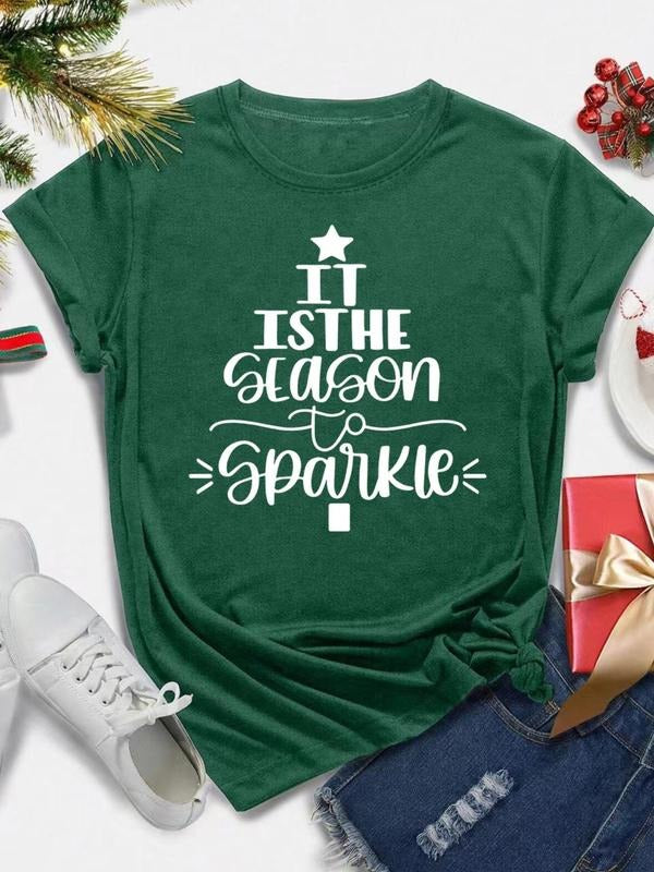 Women's Christmas Tree & Letter Print Round Neck Tee, Casual Short Sleeve Crew Neck T-Shirt for All Seasons, Fashion...