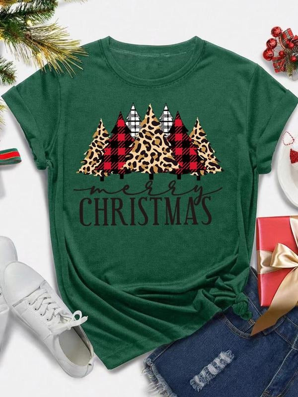 Women's Christmas Tree & Letter Print Round Neck Tee, Casual Short Sleeve Crew Neck T-shirt for All Seasons, Fashion...