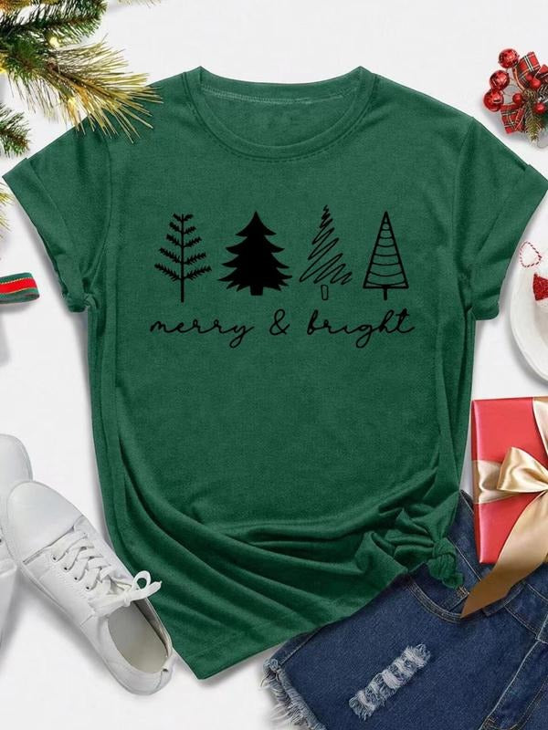 Women's Christmas Tree & Letter Print Round Neck Tee, Casual Short Sleeve Crew Neck T-shirt for All Seasons, Fashion...