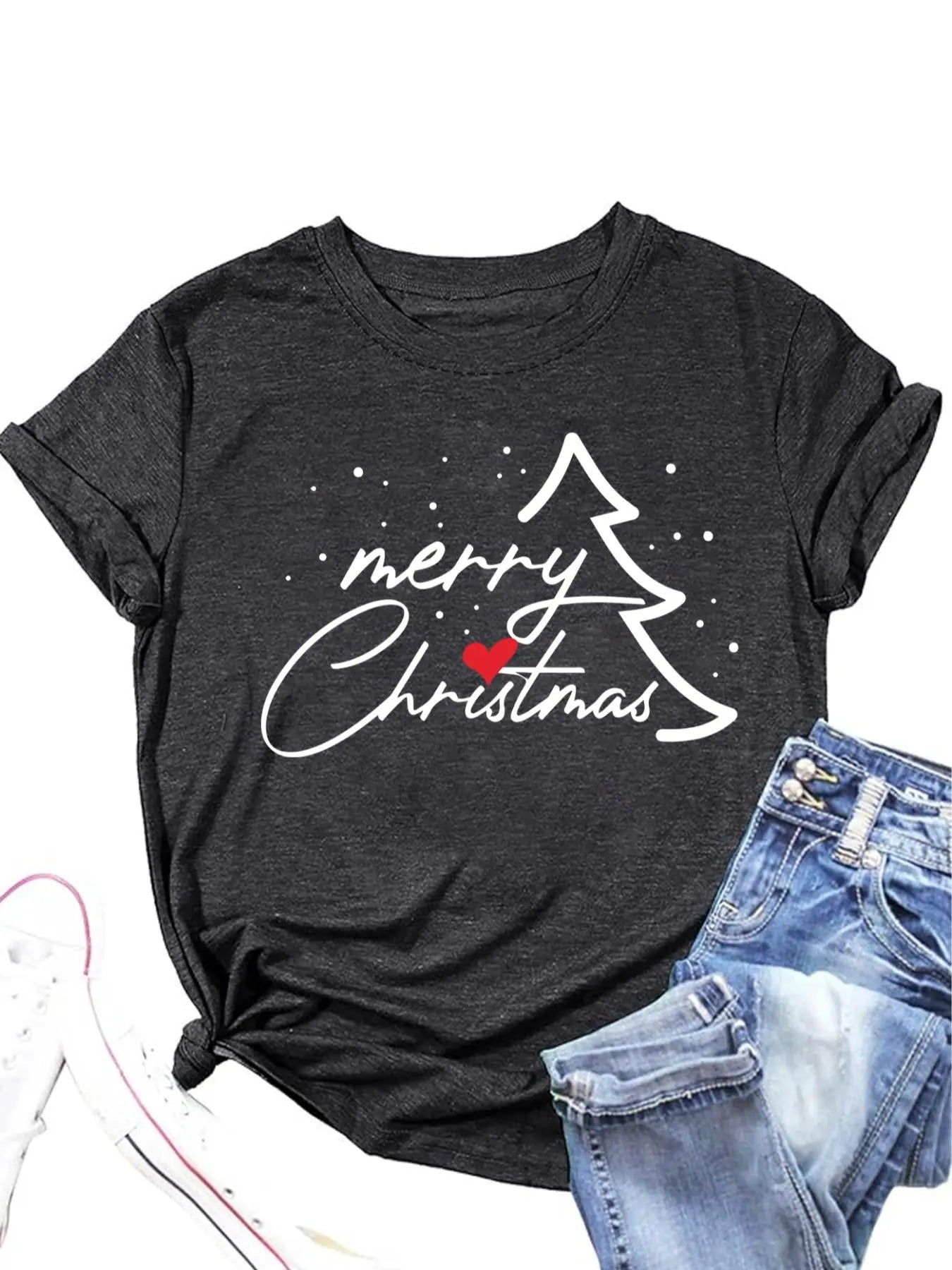 Women's Christmas Tree & Letter Print Round Neck Tee, Casual Short Sleeve Crew Neck T-shirt for Daily Holiday Vacation...