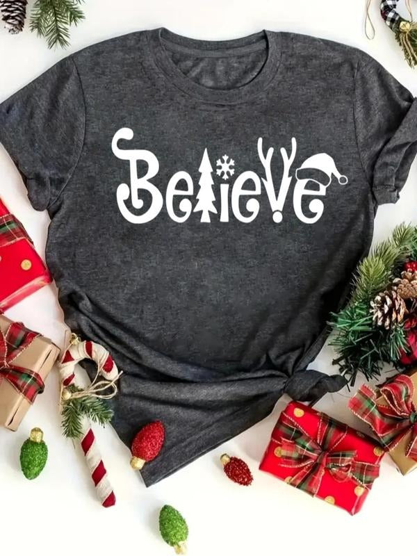 Women's Christmas Tree & Snowflake Print Round Neck Tee, Casual Short Sleeve Crew Neck T-shirt for Daily Holiday Vacation...