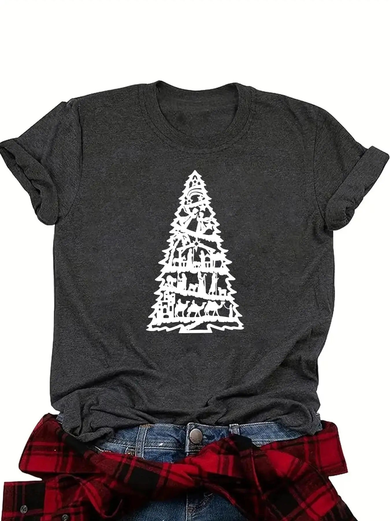 Women's Christmas Tree & Snowman Print Round Neck Tee, Casual Letter Graphic Short Sleeve T-shirt for Daily Wear, Ladies...