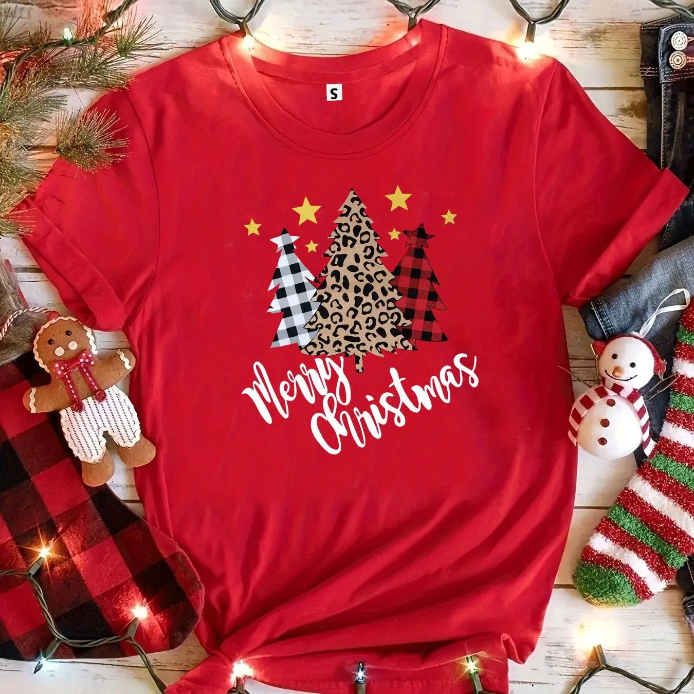 Women's Christmas Tree & Star Print Round Neck Tee, Casual Short Sleeve Crew Neck T-shirt for Daily Holiday Vacation...
