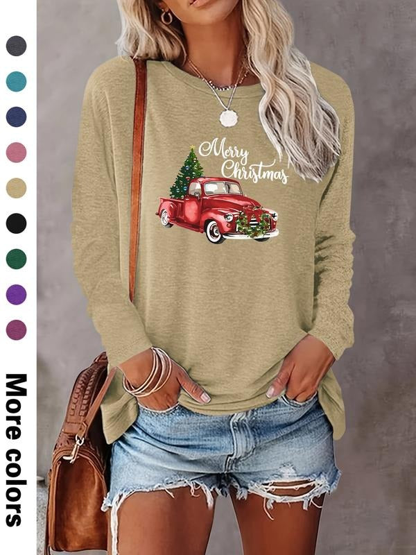 Women's Christmas Tree Car Print Long Sleeve Round Neck Casual T-Shirt Top, Comfortable Fabric, Available in 9 Colors...