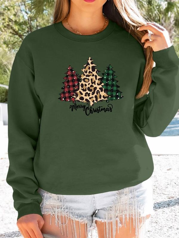 Women's Christmas Tree Letter Print Long Sleeve Round Neck Pullover Sweatshirt, Casual Fitted Design, Available in 7...