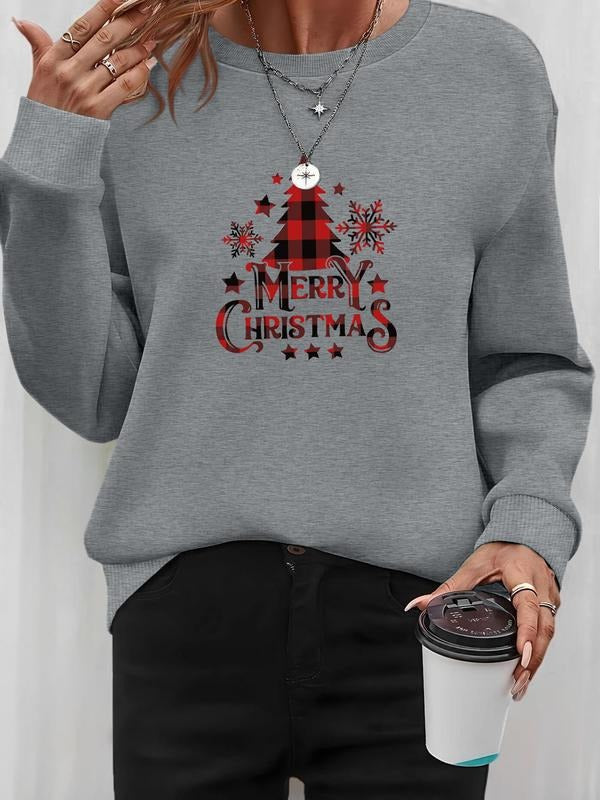 Women's Christmas Tree Letter Print Long Sleeve Round Neck Pullover Sweatshirt, Casual Fitted Design, Available in 7...