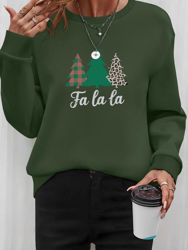 Women's Christmas Tree Letter Print Long Sleeve Round Neck Pullover Sweatshirt, Casual Fitted Design, Available in 7...