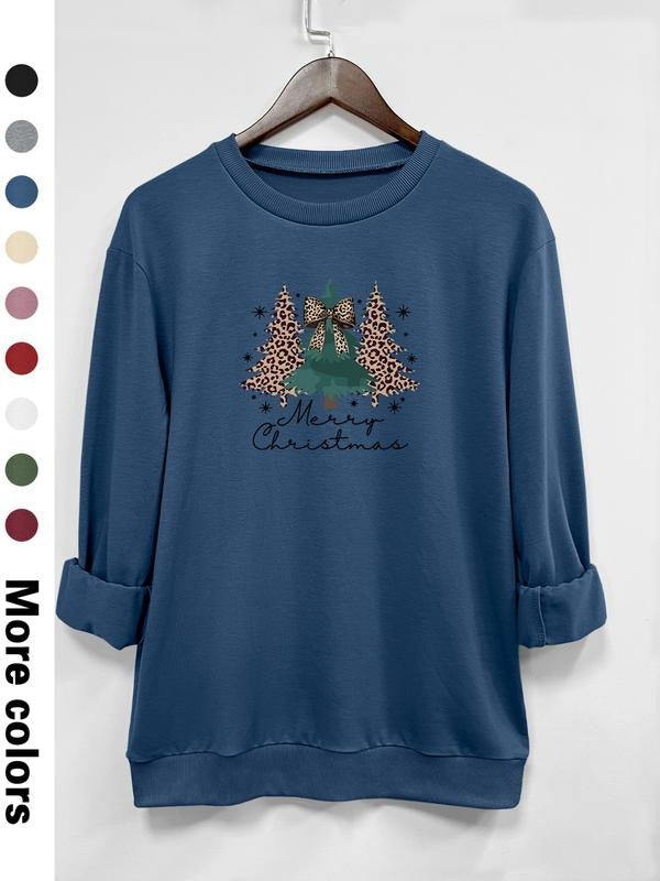 Women's Christmas Tree Letter Print Long Sleeve Round Neck Pullover Sweatshirt, Casual Fitted Design, Available in 9...