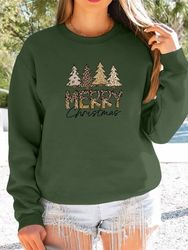 Women's Christmas Tree Letter Print Long Sleeve Round Neck Pullover Sweatshirt, Casual Fitted Design, Available in 9...