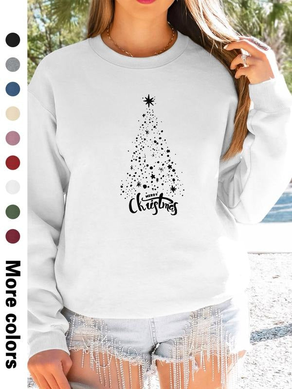 Women's Christmas Tree Letter Print Long Sleeve Round Neck Pullover Sweatshirt, Casual Fitted Design, Spring & Fall...