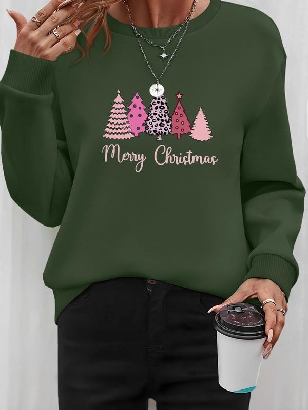 Women's Christmas Tree Letter Print Long Sleeve Round Neck Pullover Sweatshirt, Casual Fitted Design, Spring & Fall...
