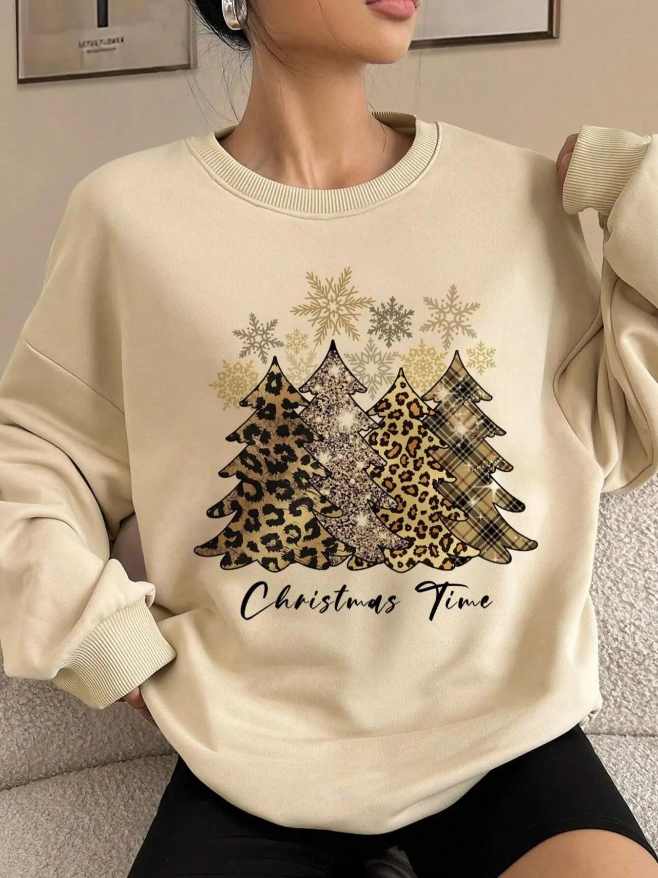 Tree Print Drop Shoulder Thermal Lined Casual Long Sleeve Round Neck Daily Clothes All Seasons T-Shirts, Hoodie, Sweatshirt