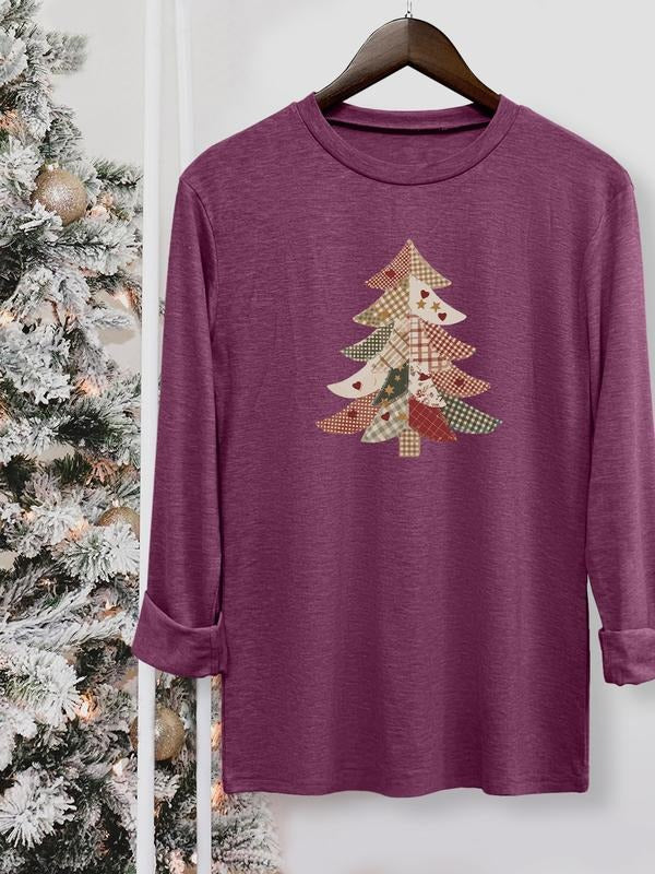 Women's Christmas Tree Print Long Sleeve Casual Fitted T-Shirt, Comfortable Fabric, Available in 10 Colors, All Seasons...