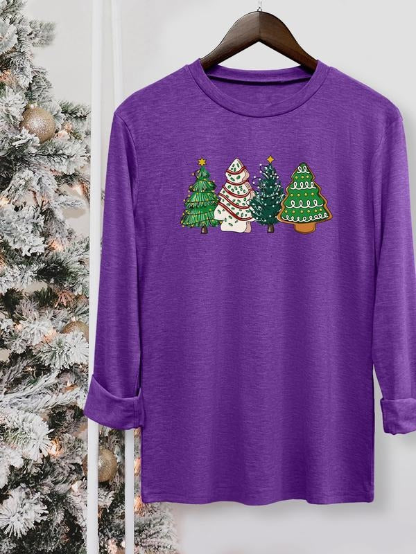 Women's Christmas Tree Print Long Sleeve Casual Fitted T-Shirt, Comfortable Fabric, Available in 10 Colors, All Seasons...