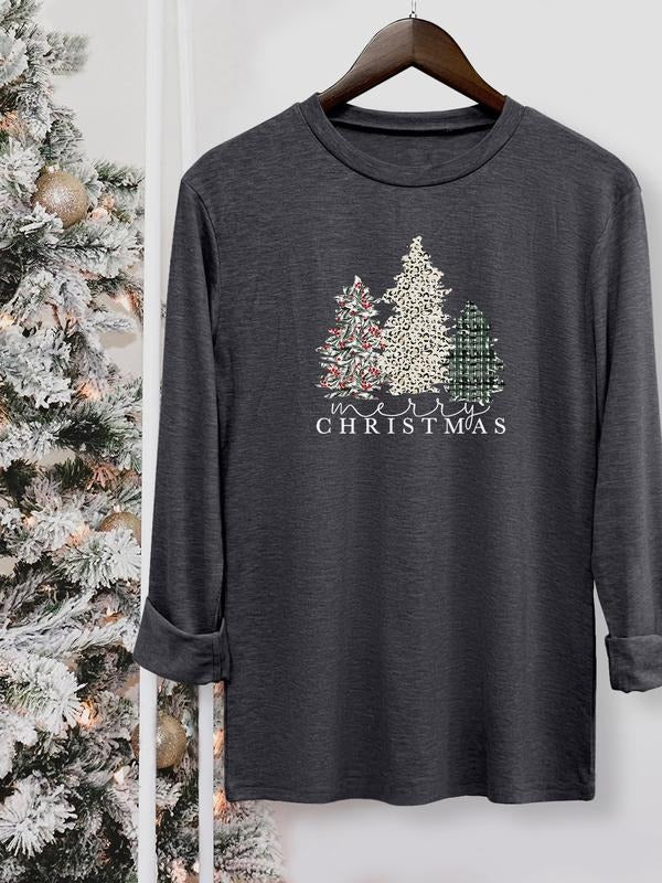 Women's Christmas Tree Print Long Sleeve Casual Fitted T-Shirt, Comfortable Fabric, Available in 10 Colors, All Seasons...