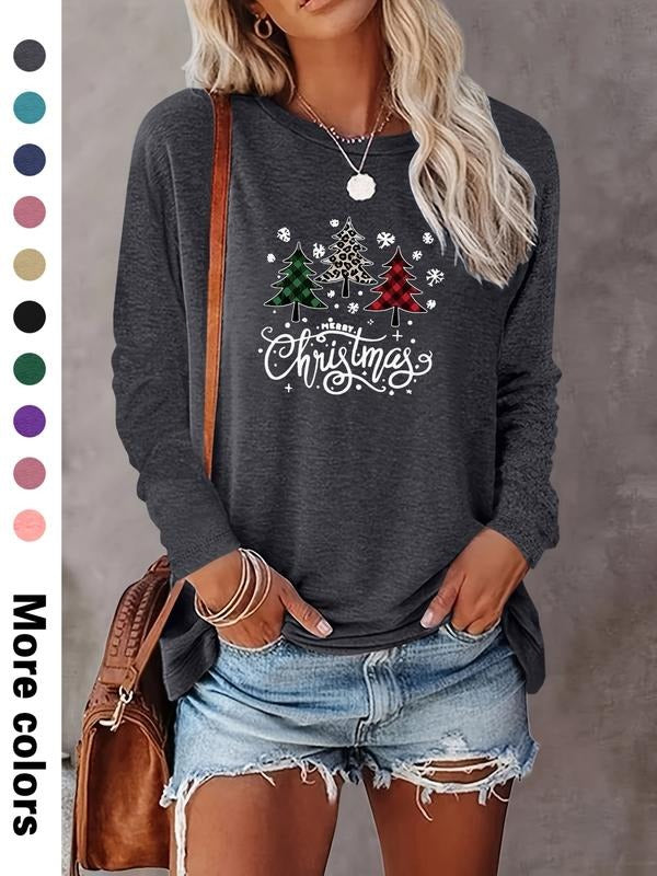 Women's Christmas Tree Print Long Sleeve Casual Fitted T-Shirt, Comfortable Fabric, Available in 10 Colors, All Seasons...