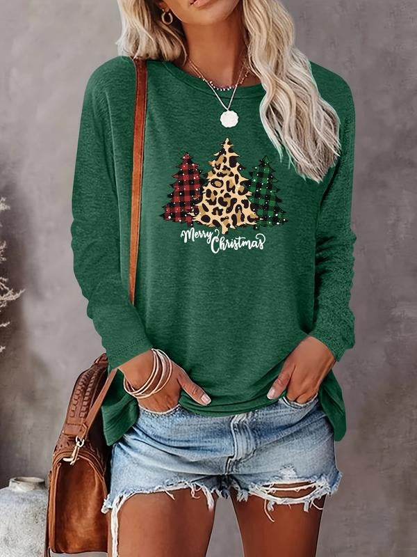Women's Christmas Tree Print Long Sleeve Casual Fitted T-Shirt, Comfortable Fabric, Available in 10 Colors, Perfect for...