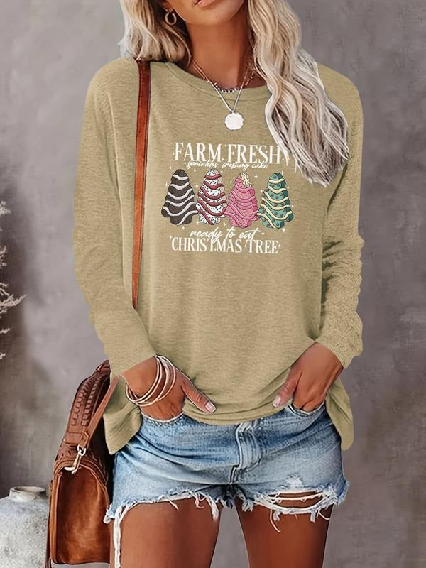 Women's Christmas Tree Print Long Sleeve Casual Fitted T-Shirt, Comfortable Fabric, Available in 10 Colors, Perfect for...