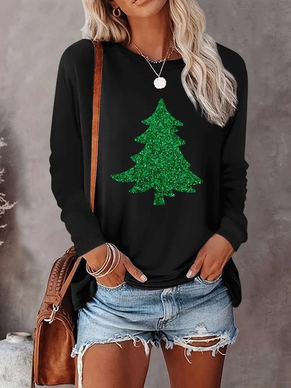 Women's Christmas Tree Print Long Sleeve Casual Fitted T-Shirt, Comfortable Fabric, Available in 8 Colors, All Seasons...