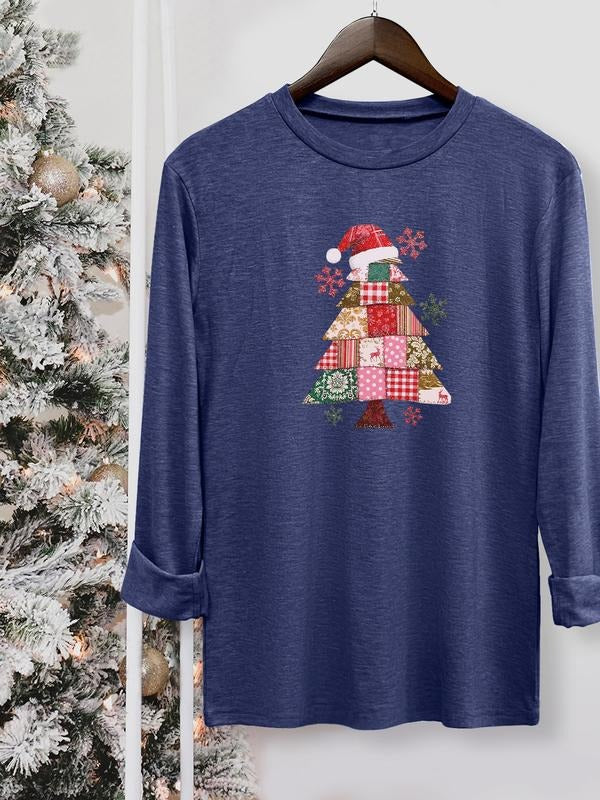 Women's Christmas Tree Print Long Sleeve Casual Fitted T-Shirt, Comfortable Fabric, Available in 9 Colors, All Seasons...