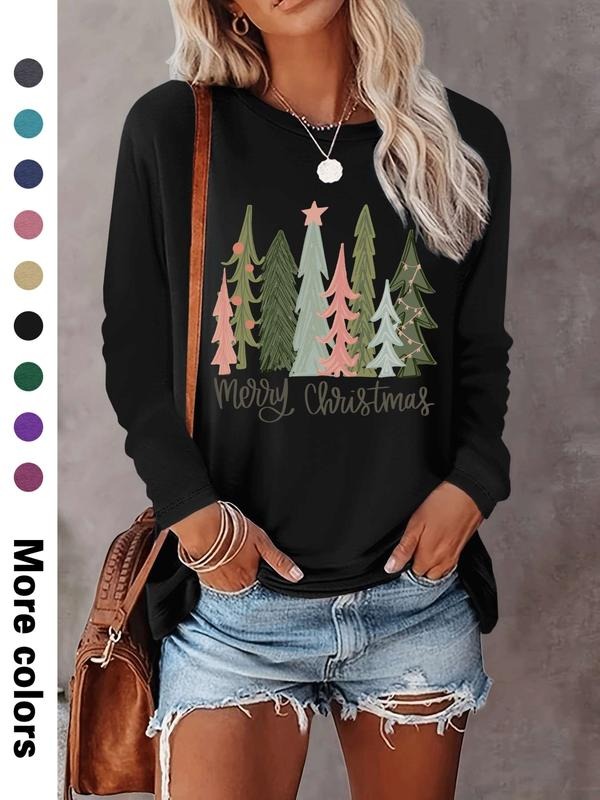 Women's Christmas Tree Print Long Sleeve Casual Fitted T-Shirt, Comfortable Fabric, Available in 9 Colors, All Seasons...