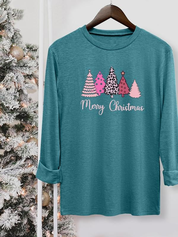 Women's Christmas Tree Print Long Sleeve Casual Fitted T-Shirt, Comfortable Fabric, Available in 9 Colors, All Seasons...