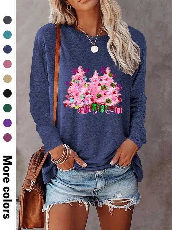 Women's Christmas Tree Print Long Sleeve Casual Fitted T-Shirt, Comfortable Fabric, Available in 9 Colors, All Seasons...