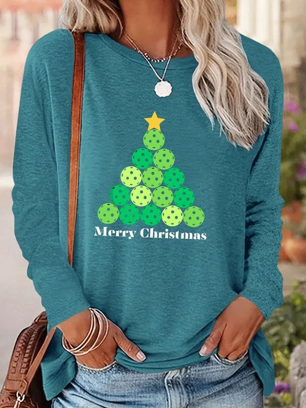 Women's Christmas Tree Print Long Sleeve Casual Fitted T-Shirt, Comfortable Fabric, Available in 9 Colors, All Seasons...